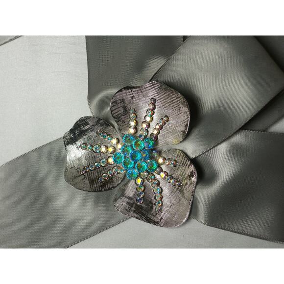 Silver Satin Rhinestone Brooch Belt Wedding Party Prom Formal Formal Dress Belt - Picture 2 of 4